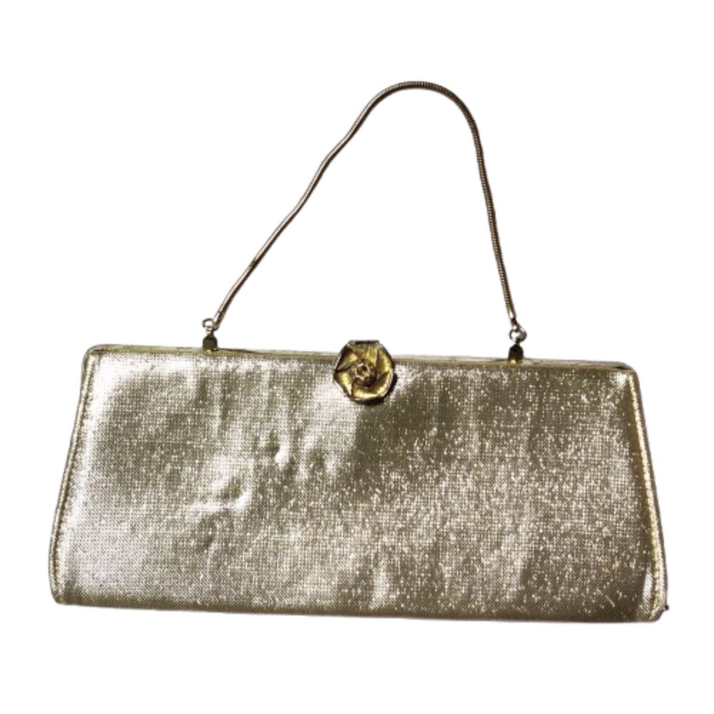 Vintage Metallic Gold Evening Clutch Purse Chain Strap Floral Clasp Formal Bag